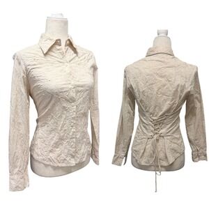 Women M Button Down Cream Romantic Embroidered Pearl Corset Back Blouse Coquette